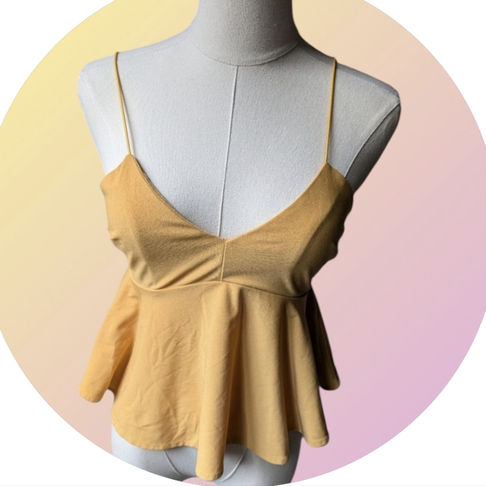 Leith Crepe Fabric Elastic V Neck Yellow Flowy Short Blouse Small